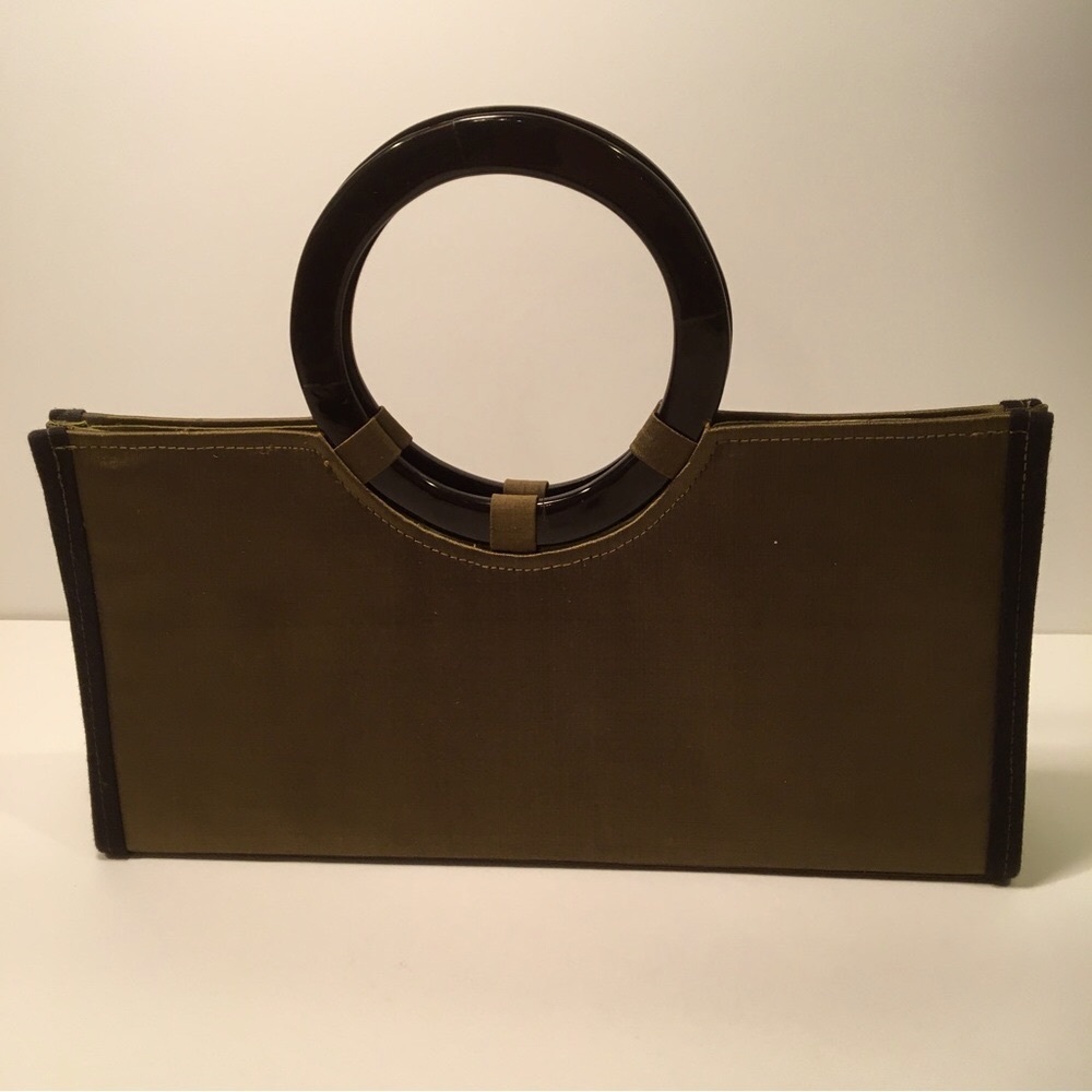 Shiraleah olive green silk purse with large circles black handles